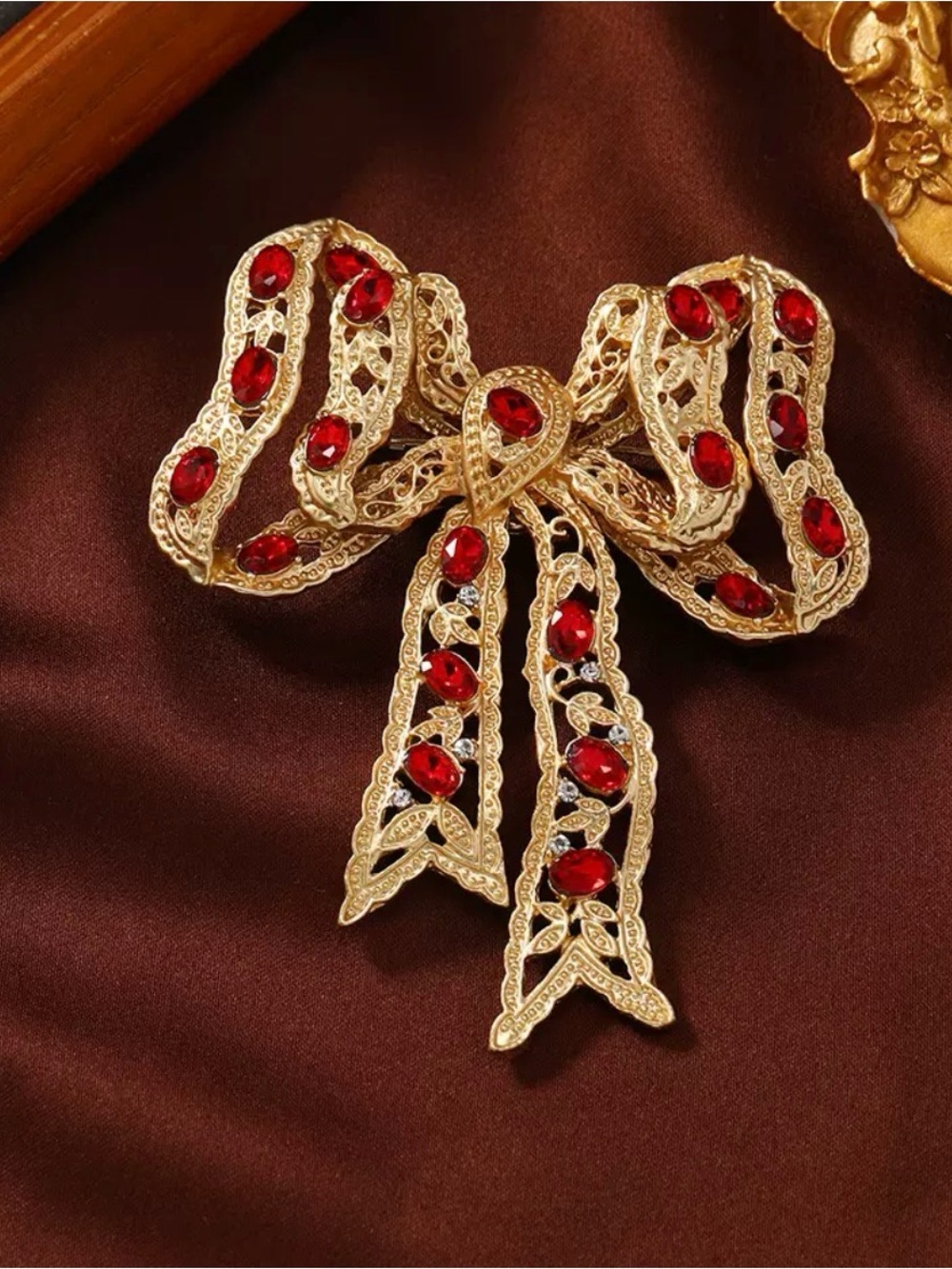 Vintage Gold Bow Brooch with Red Accents